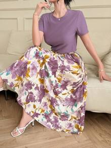 DAZY Bộ 2 món cho nữ: Áo thun cổ tròn tay ngắn màu trơn và chân váy hoa nhí, thích hợp cho kỳ nghỉ lễ Phục sinh. - Màu tím - Xem 4