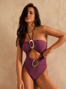 SHEIN Swim Chicsea 1 pieza Traje de baño de una pieza para mujer, unicolor y de estilo minimalista para el verano