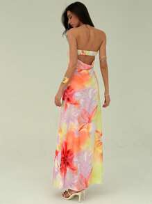Aloruh 全新浪漫扎染花卉印花露肩露背连衣裙 - 橘色 - 查看 2