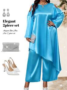 Fleurora 大码女式优雅秋冬优雅蓝色不对称蝙蝠袖大码套装大码长袍两件套秋季服装 - 藍色 - 查看 1