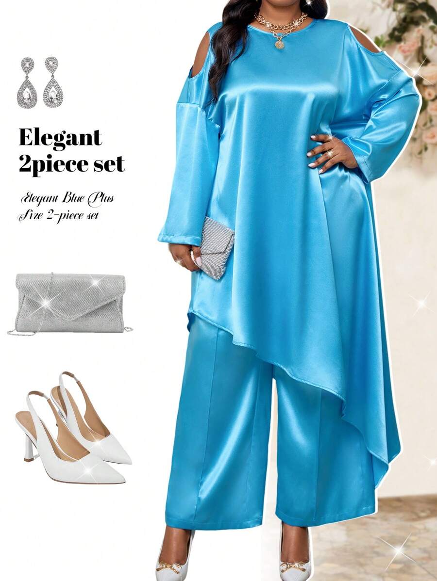 Fleurora 大码女式优雅秋冬优雅蓝色不对称蝙蝠袖大码套装大码长袍两件套秋季服装 - 藍色 - 查看 1