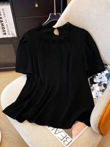 SHEIN Clasi Plus Size Plain Crew Neck Short Sleeve Shirt, Simple & Fashionable For Summer - Black - View 1