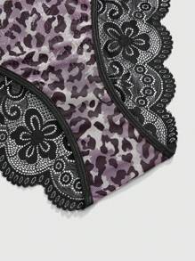ROMWE Goth Set de 3 piezas de bragas estilo oscuro talla grande con estampado de leopardo y encaje en parches