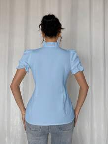 Rafferiza Ruffled Elastic Cuff Bowknot Blouse - Baby Blue - View 2