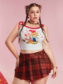 Strawberry Shortcake X SHEIN Plus Size Color Block Trim Cartoon & Heart Print Cami Top - White - View 6