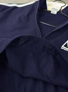 SHEIN Leap Crew 2pcs Kids Boys Casual Korean Style Loose Half-Zip Hoodie & Shorts Set,Summer Short Sleeve Outing Outfit For School,Garden,Beach,Birthday,Spring,Fall - Navy Blue - View 3