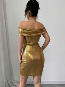 Elenzga 女士针织弹力金属闪光露肩抽绳紧身迷你派对连衣裙，适合假期休闲 - 金色 - 查看 2