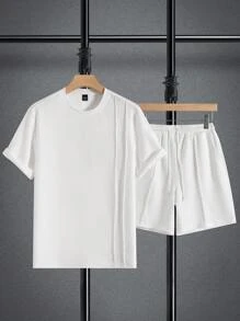 Manfinity CasualCool 男士夏季基本款纯色针织休闲圆领短袖两件套西装，适合日常休闲穿着，适合送给老公和男朋友的礼物，男士白色套装 - 白色 - 查看 6