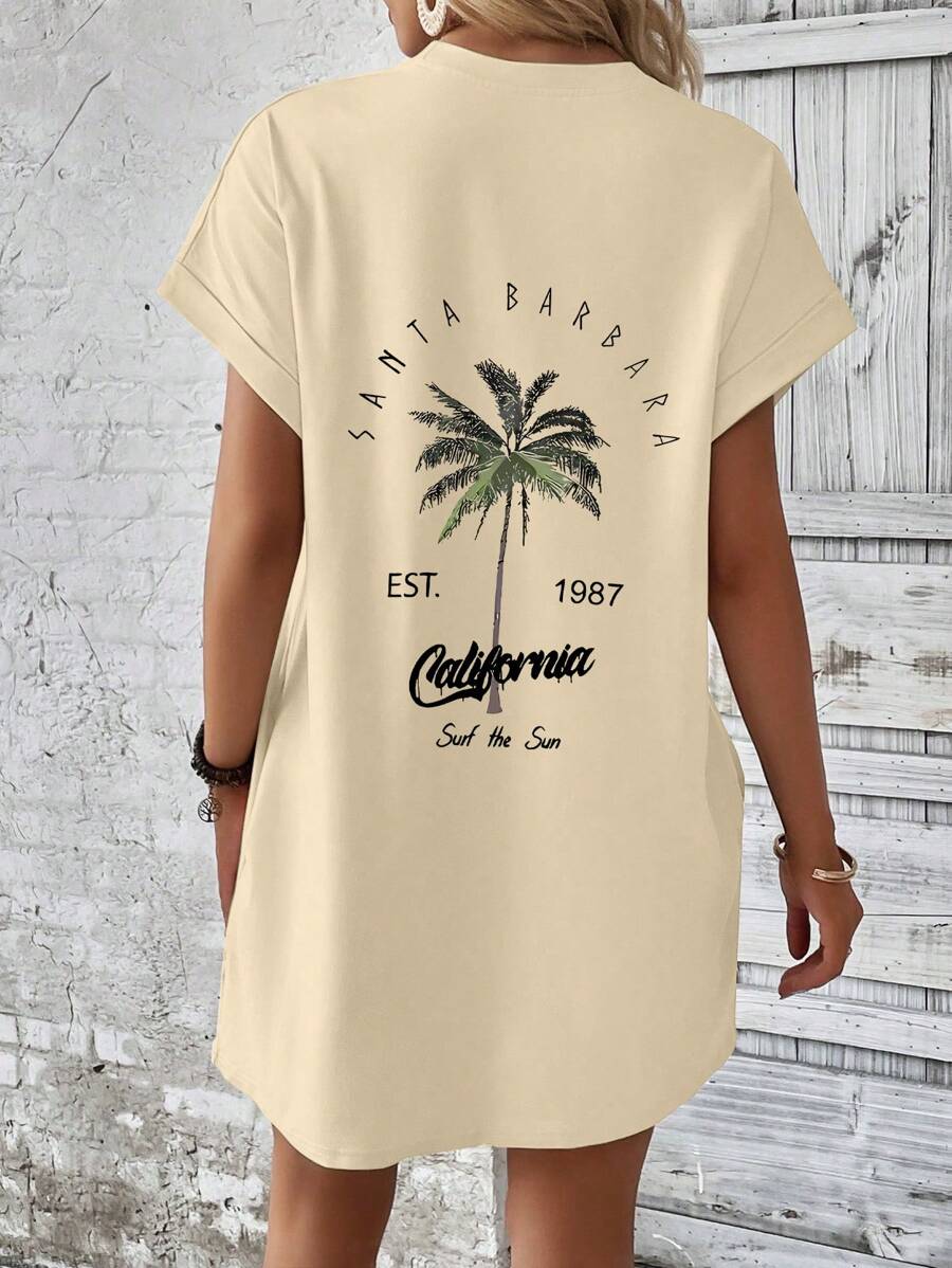 INAWLY Women's Vacation Casual Coconut Tree Print Batwing Sleeve Dress - Apricot - View 1