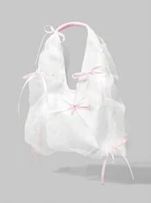 ROMWE Goth Flowy Bow Cute Y2K Streetwear Backpack - White - View 5