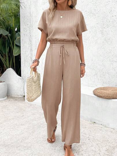 SHEIN Frenchy 2pcs/Set Women Vacation Casual Solid Color Batwing Sleeve Top And Long Pants Set,Summer Sets Brown