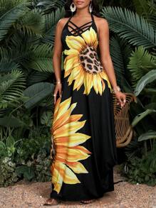 SHEIN Lady 女士度假向日葵印花口袋休闲吊带连衣裙 - 彩色 - 查看 7