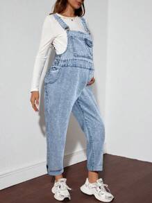 SHEIN Maternity Casual Wide Leg Denim Bib Overall Jumpsuit, Blue