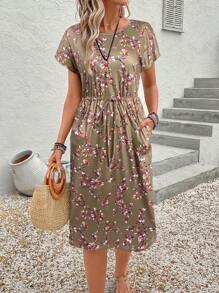 EMERY ROSE Women's Striped Drawstring Waist Slant Pocket Casual Dress For Summer - Khaki - View 5