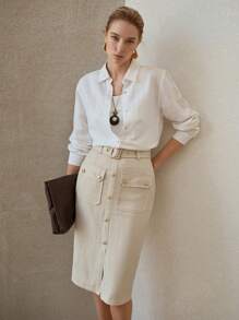 MOTF PREMIUM LINEN PENCIL SKIRT - Khaki - View 7