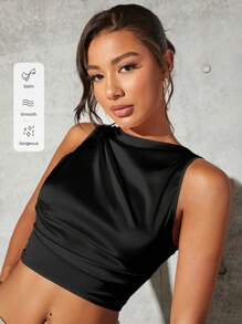 SHEIN BAE Solid Ruched Side Crop Blouse,Sleeveless Tops - Black - View 7