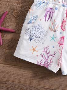 SHEIN Babygirl 休闲针织弹力可爱卡通吊带连体衣，适合夏季