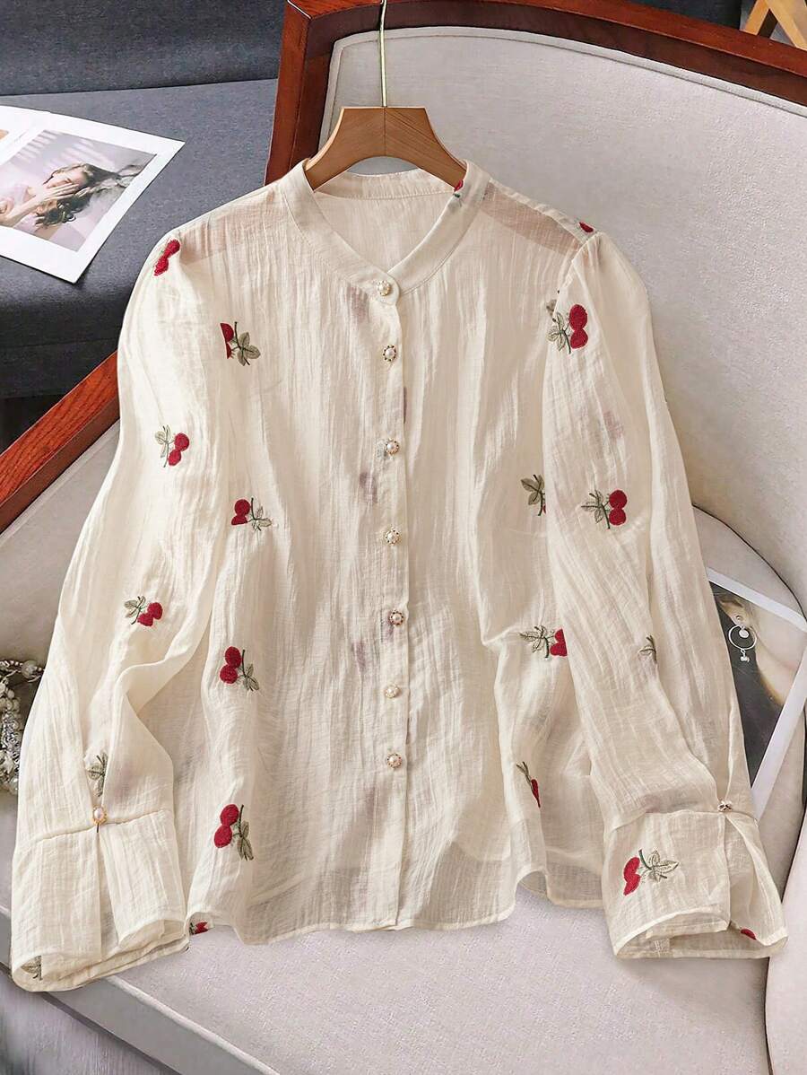 Calvaya Plus Size Women Elegant Improved Chinese Style Embroidered Button Down Long Sleeve Blouse, Chinese New Year Holiday Fall Cloth For Women