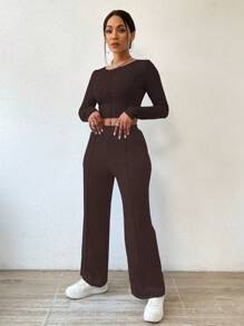 Zolique Solid Color Round Neck Slim Fit Long Sleeve Top And Straight Leg Pants - Coffee Brown - View 3