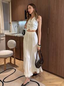 SHEIN Unity 女士优雅拼布度假浪漫半身裙 - 白色 - 查看 4