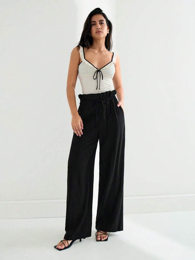 SHEIN Maija 2025 Spring/Summer New Arrival Casual High-Waisted Pleated Black Comfortable Women's Pants, Suitable For Music Festivals, Beach Trips, Everyday Casual, Romantic City Vacation, Suitable For Outings, Gatherings, Weddings, Guests, Vintage Style, Graduation Season