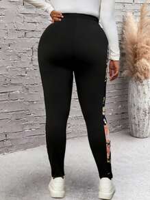 SHEIN PETITE CURVE Plus Size Casual Floral Print Patchwork Leggings - Black - View 2