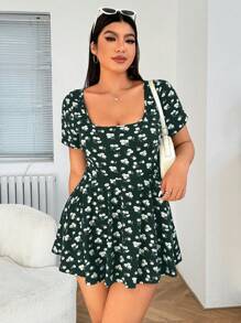 SHEIN EZwear Plus Size Women Ditsy Floral Printed Romper With Built-In Shorts And Pockets, Spring/Summer - Dark Green - View 6
