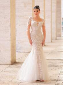 Glamrae Elegant Luxurious Embroidery Lace Applique Contrast Mesh Fishtail Dress With Train, Suitable For Wedding, Birthday Party, Single's Party, Vacation, Ball, Bridal Gown, Bride