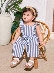 SHEIN Baby Girls Cute Striped Ruffled Crop Top And Pants 2 Pieces Set, Summer - Blue - View 5