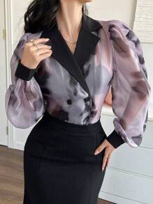 DAZY 女式花卉 PU 拼布泡泡袖衬衫，秋季女装长袖上衣 - 紫色 - 查看 7