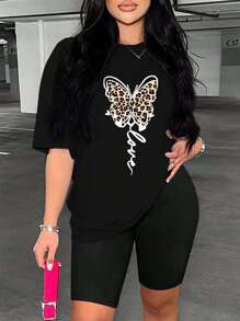 SHEIN 大码女式圆领 T 恤，简约时尚，适合夏季 - 黑色 - 查看 1