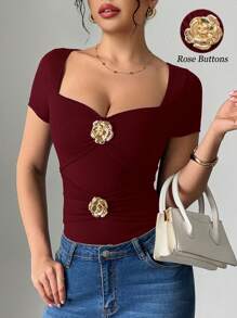 Elenzga 女士性感优雅派对方领玫瑰金属纽扣不对称修身弹力柔软休闲短袖 T 恤 - 酒紅色 - 查看 5