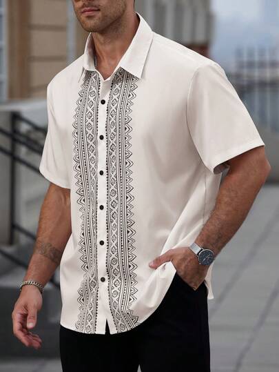 Manfinity CasualCool Camisa casual de manga corta con estampado geométrico para hombre talla grande