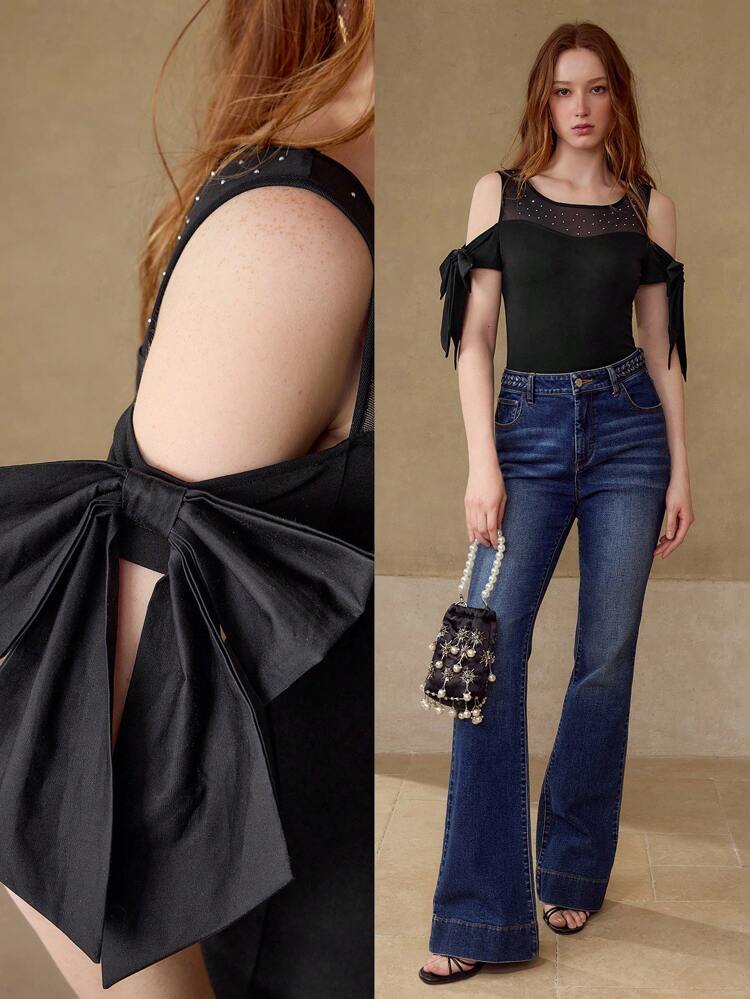 CONTRAST MESH BOW DETAIL T-SHIRT