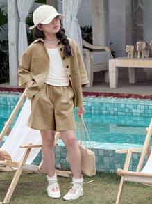 Dazy Kids Tween Girl Fall Outfit, Denim Collared Short Sleeve Shirt + Denim Shorts Set - Apricot - View 6