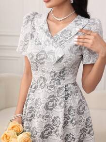 Modelyn 女士优雅提花泡泡袖长裙 - 灰色 - 查看 2