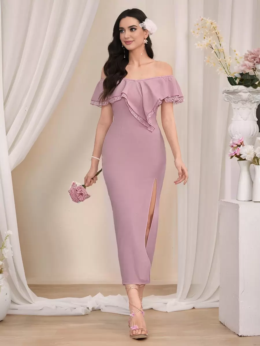 Coutiva 女士粉色蕾丝针织舞会礼服、奢华晚会长款婚礼宾客礼服、音乐节春夏、派对礼服、舞会礼服 - 粉色 - 查看 1