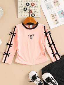Spring Fashion Girls Cute Embroidered Bowknot & Shirring Side Decor Long Sleeve Top - Pink - View 1