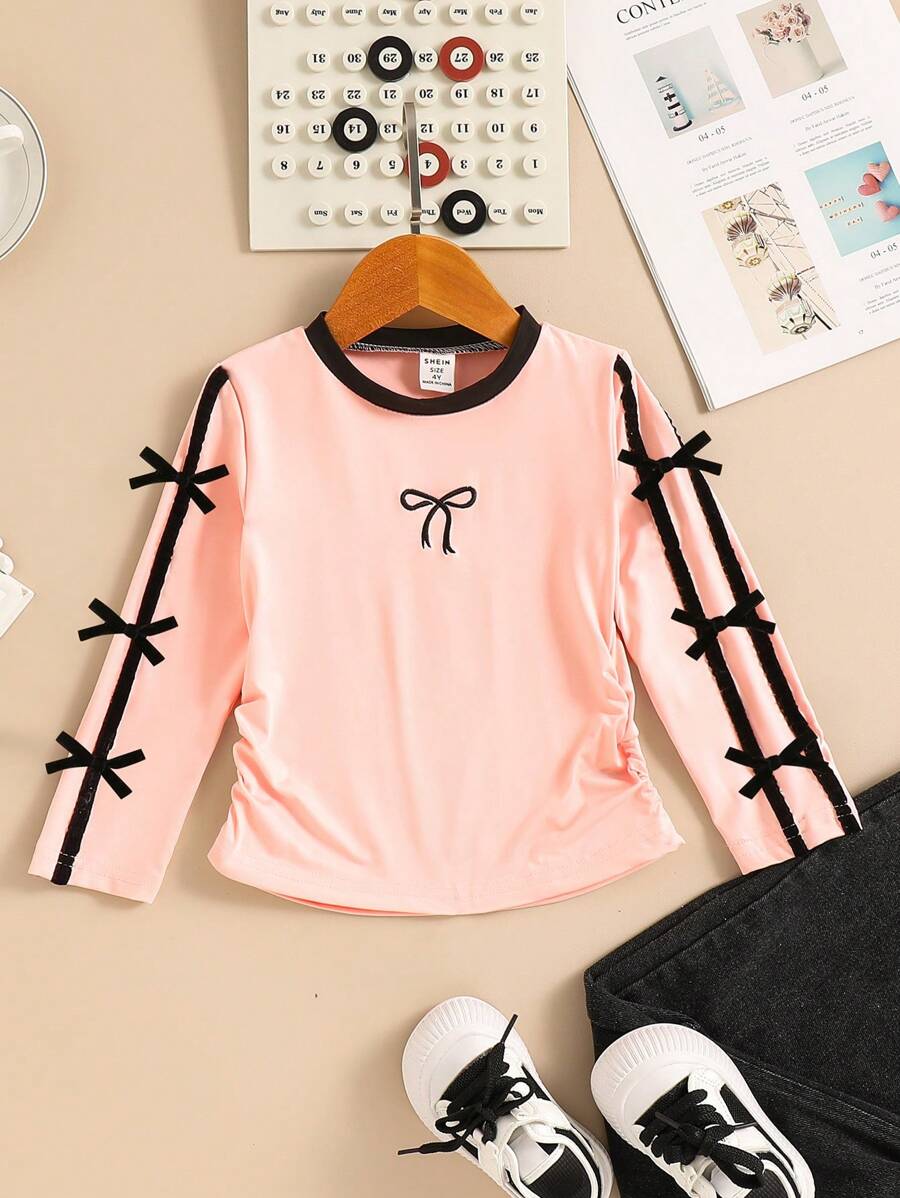 Spring Fashion Girls Cute Embroidered Bowknot & Shirring Side Decor Long Sleeve Top - Pink - View 1