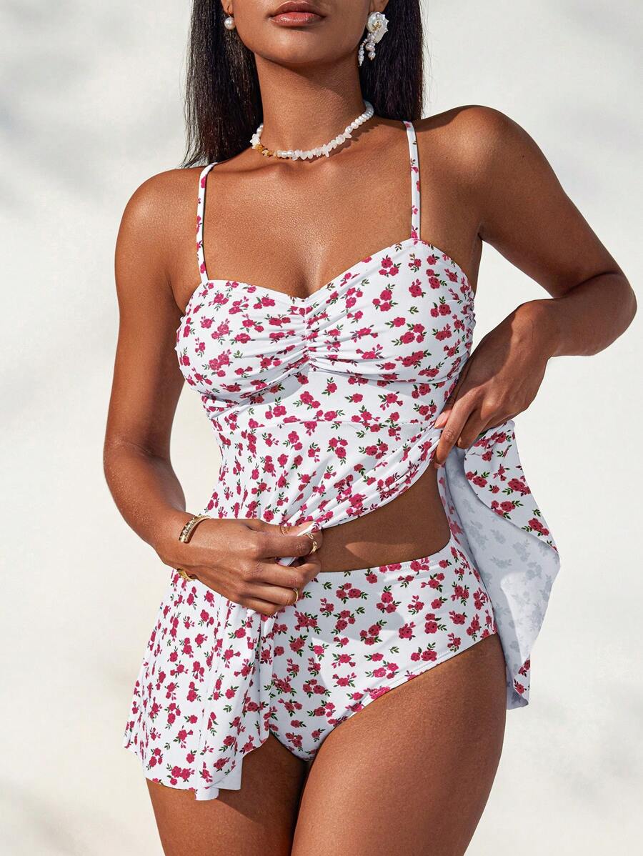 Swim Lushoire Women's Minimalist Fashion Tank Top & Bikini Set, Suitable For Summer - Red and White - View 1