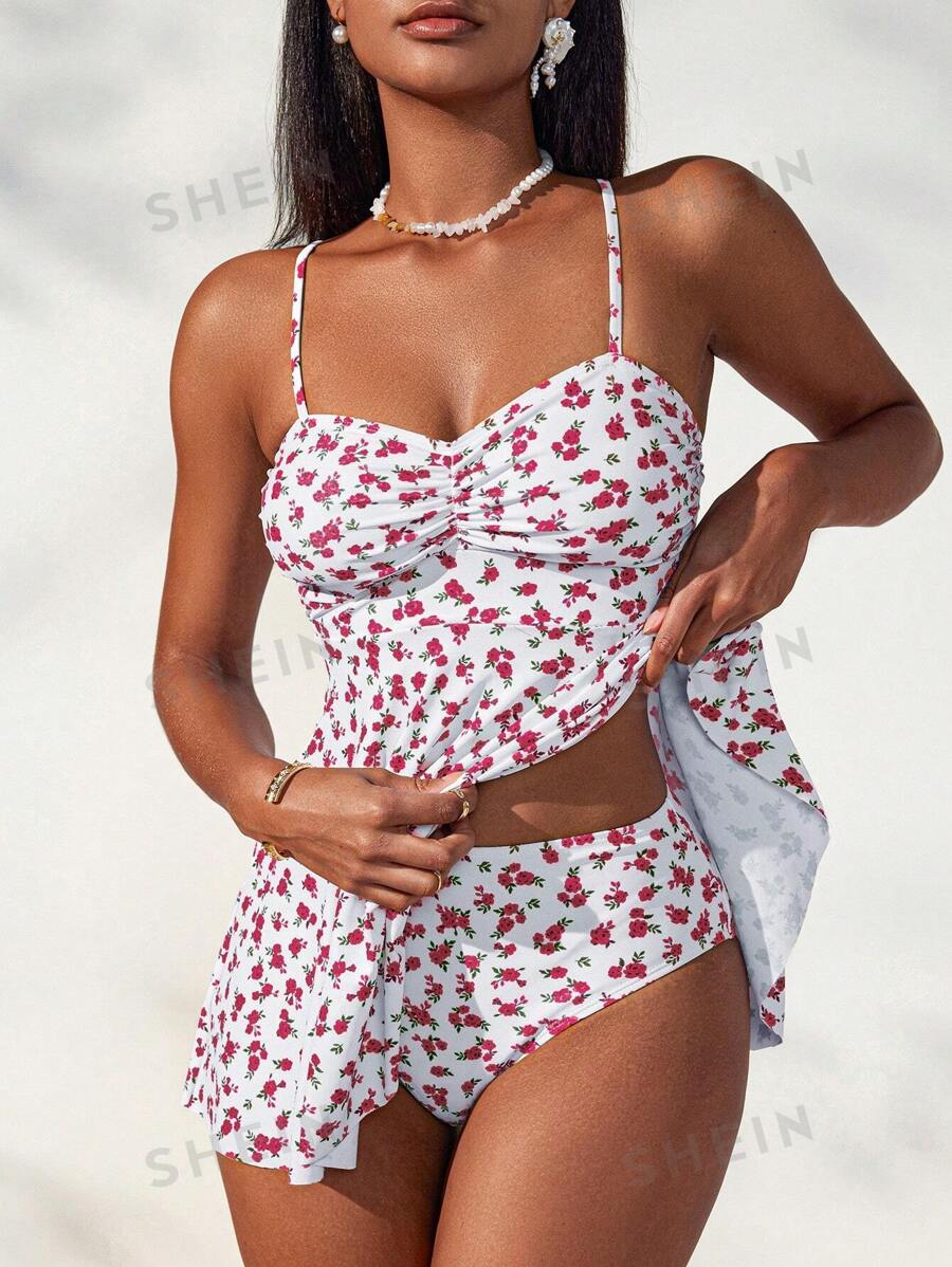 Swim Lushoire Conjunto de top de tirantes y bikini de moda minimalista para mujer, adecuado para el verano - Rojo y blanco - Ver 1