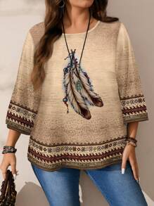 EMERY ROSE Plus Size Women Floral & Feather Retro Print Loose Casual Full-Coverage Retro Print Round Neck 3/4 Sleeve Blouse, Spring/Summer Autumn,Vacation - Khaki - View 1