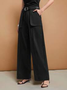 Ontre Pantalon ample décontracté de couleur unie pour femmes, design minimaliste, convient pour les déplacements urbains - Noir - Voir 5