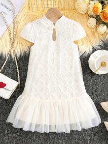 年轻女孩优雅蕾丝亮片网眼派对礼服，适合派对和聚会 - 杏色 - 查看 1