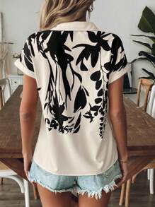 Chiquease V-Neck Short Sleeve Printed Casual Loose Shirt, Spring/Summer - Apricot - View 2