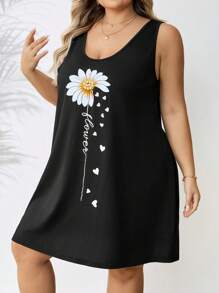 SHEIN CURVE+ Vestido sin mangas talla grande para mujer con estampado minimalista de corazón y margarita, apto para verano y estilo bohemio de vacaciones - Negro - Ver 6