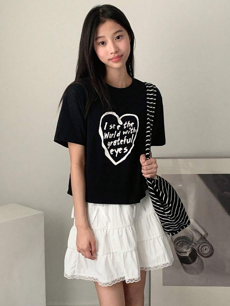2pcs/Set Tween Girl Round Neck Short Sleeve Letter Print Top And Skirt Set, Minimalist