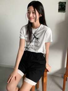 DAZY 2pcs/Set Tween Girl Slogan Printed Short Sleeve T-Shirt And Shorts Set,Girls Summer Outfits,Back To School Clothes - White - View 1