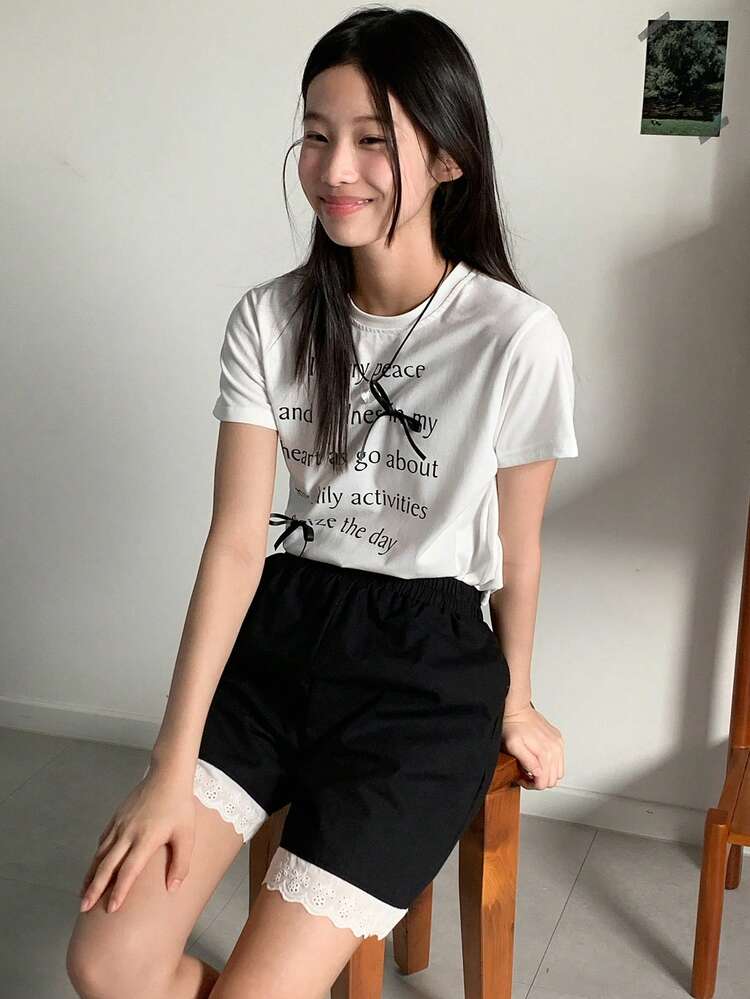 2pcs/Set Tween Girl Slogan Printed Short Sleeve T-Shirt And Shorts Set,Girls Summer Outfits,Back To School Clothes