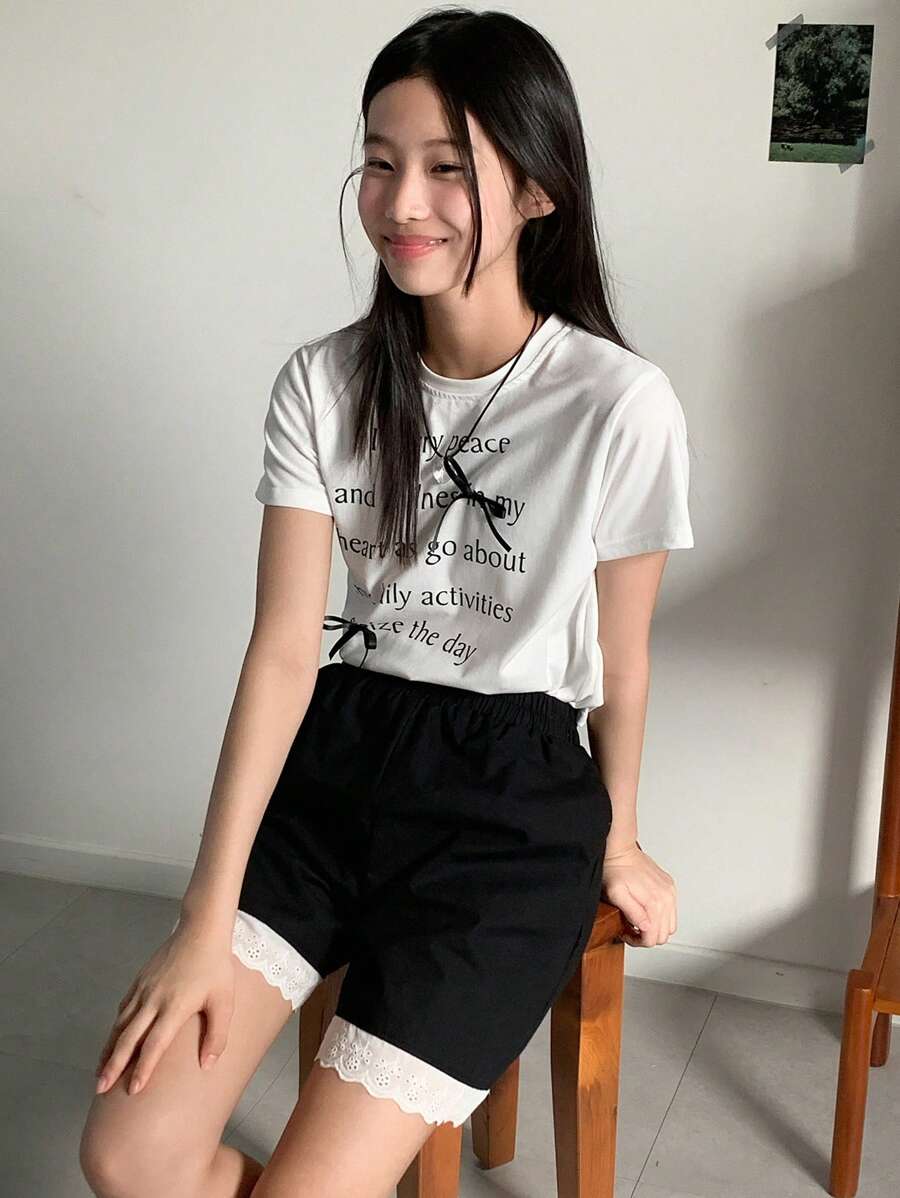 DAZY 2pcs/Set Tween Girl Slogan Printed Short Sleeve T-Shirt And Shorts Set,Girls Summer Outfits,Back To School Clothes - White - View 1